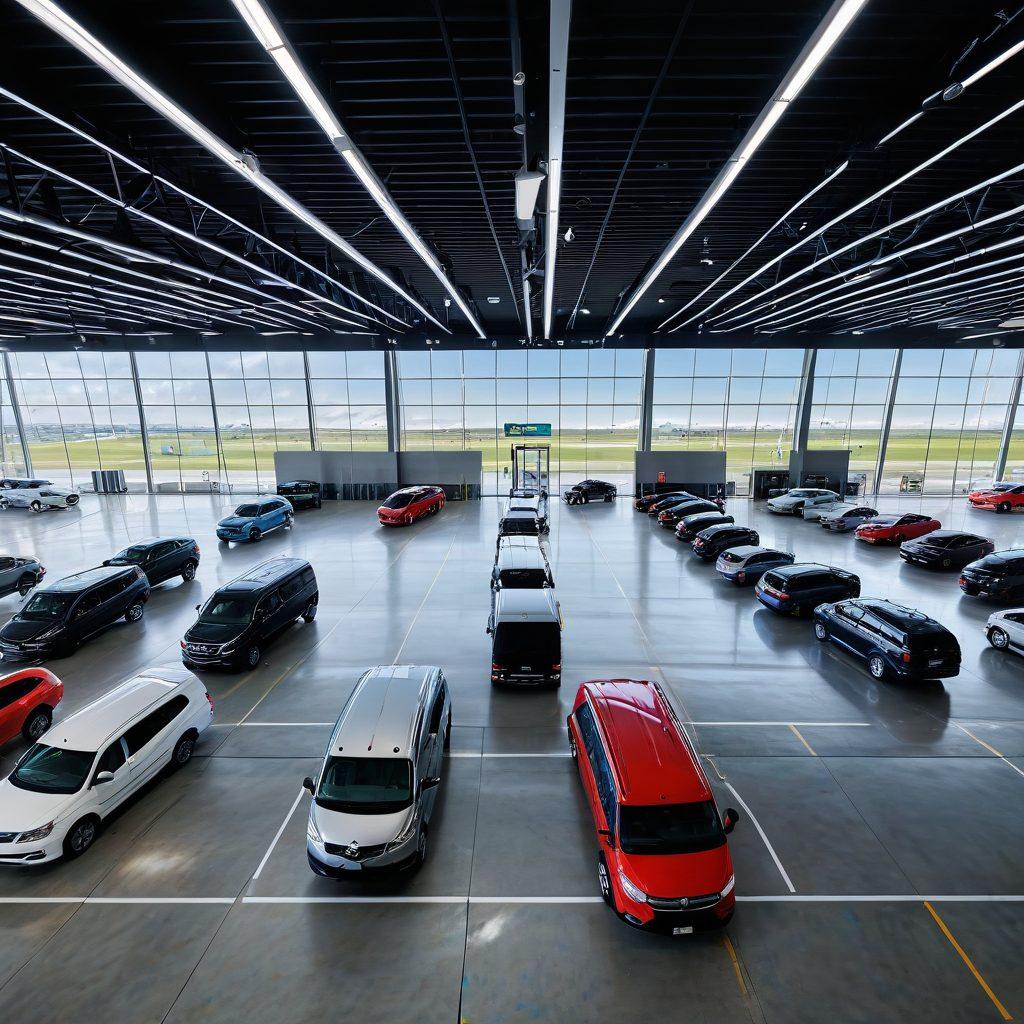 An organized and spacious vehicle storage facility with modern security features, seamlessly transitioning to a sleek airport shuttle ready for passengers. In the background, a beautiful landscape hints at a journey beginning. The ambiance should convey safety, convenience, and efficiency. Emphasize vibrant colors and a clean layout for a fresh feel. super-realistic. bright and inviting.