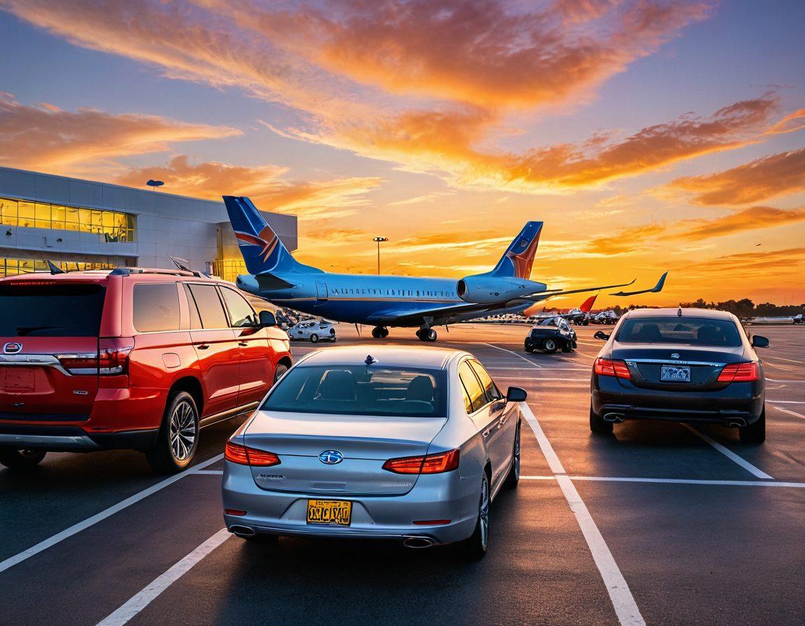 A serene airport parking lot with clear signage, offering convenient options for travelers. In the foreground, a happy family unloading their luggage from a car, while a shuttle bus is ready to take them to the terminal. A scenic sunset in the background enhances the atmosphere of a stress-free journey. super-realistic. vibrant colors.