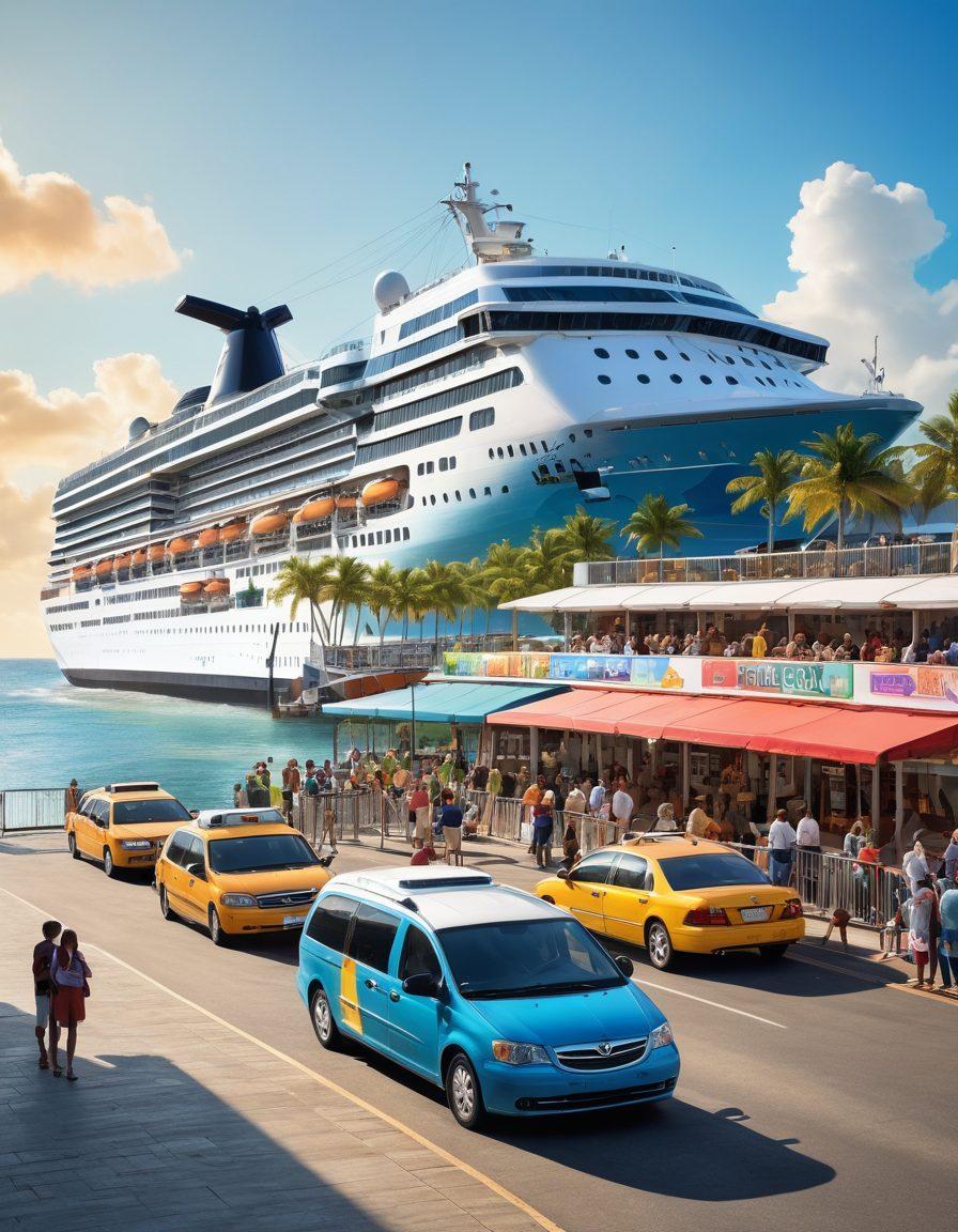 A vibrant cruise terminal bustling with travelers, showcasing various transport options like shuttles, taxis, and private vehicles. Add a serene ocean backdrop with a majestic cruise ship in the harbor and colorful banners guiding visitors. Implement clear signage and friendly staff interacting with passengers. Highlight the convenience and excitement of seamless travel. super-realistic. vibrant colors. dynamic composition.